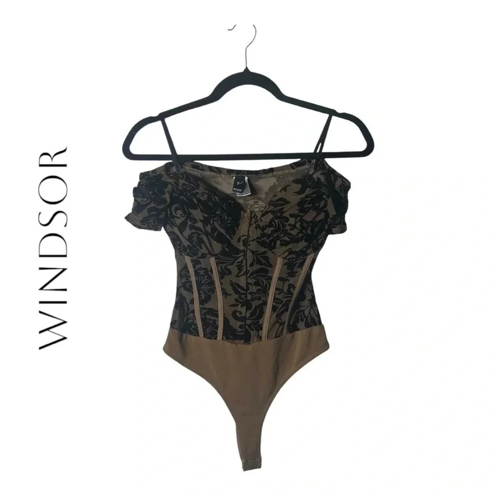 2009. WINDSOR CORSET BODYSUIT BROWN/BLACK SHEER AND VELVET PADDED‎ SIZE XSMALL
